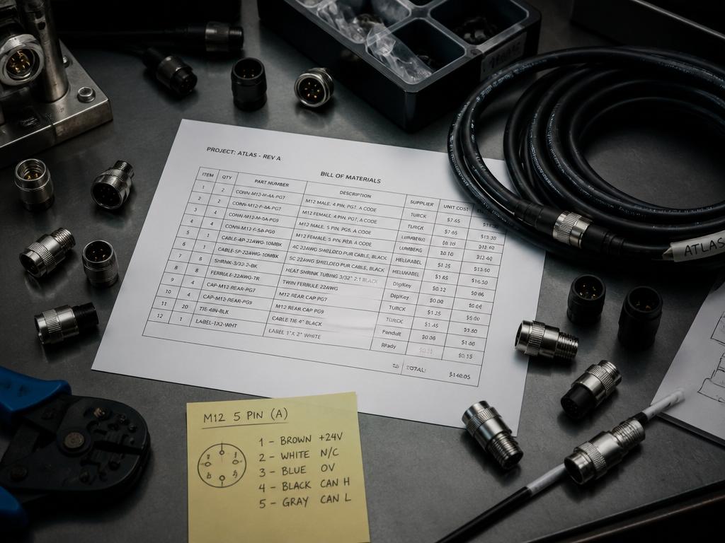 Messy prototype workbench with connectors, a BOM sheet, and wiring notes